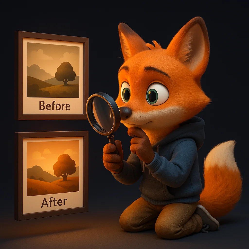 The FoxRadar fox mascot holds a magnifying glass and inspects a before-and-after image set with a focused look.