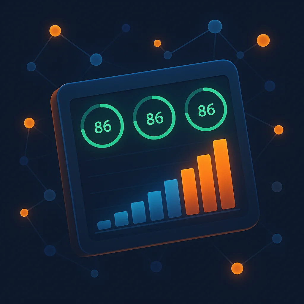 A clean 3D concept illustration of a dashboard with visibility scores and a rising bar chart on a dark background.