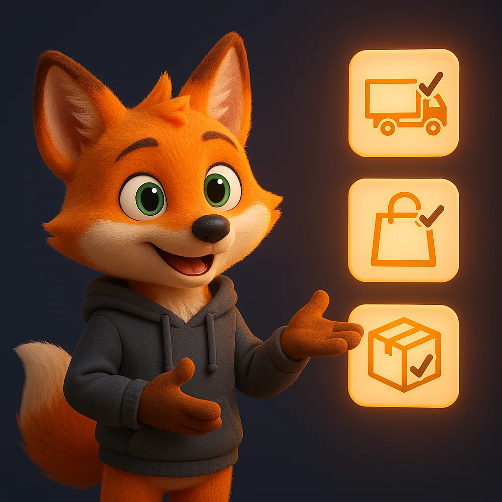 The FoxRadar fox mascot pointing at floating checklist items that show delivery, pickup, and shipping details.