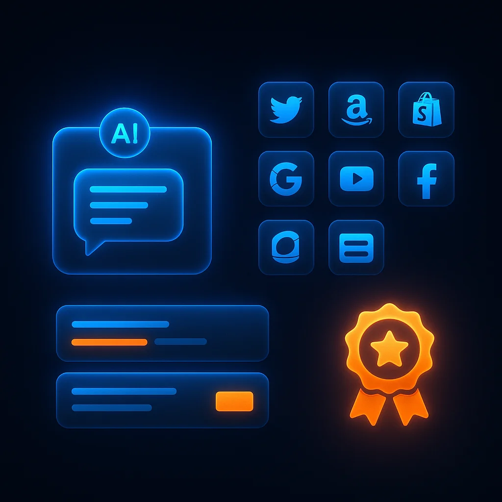 A clean 3D concept of glowing AI chat result cards and floating location pins with delivery icons, no characters.