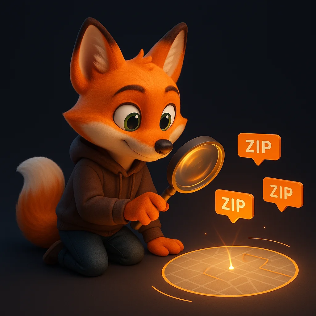 The FoxRadar fox mascot holding a magnifying glass and inspecting a highlighted ZIP code area.