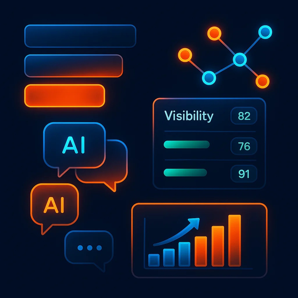 A clean 3D visualization of a dashboard with bright visibility scores and delivery radius rings, no characters.