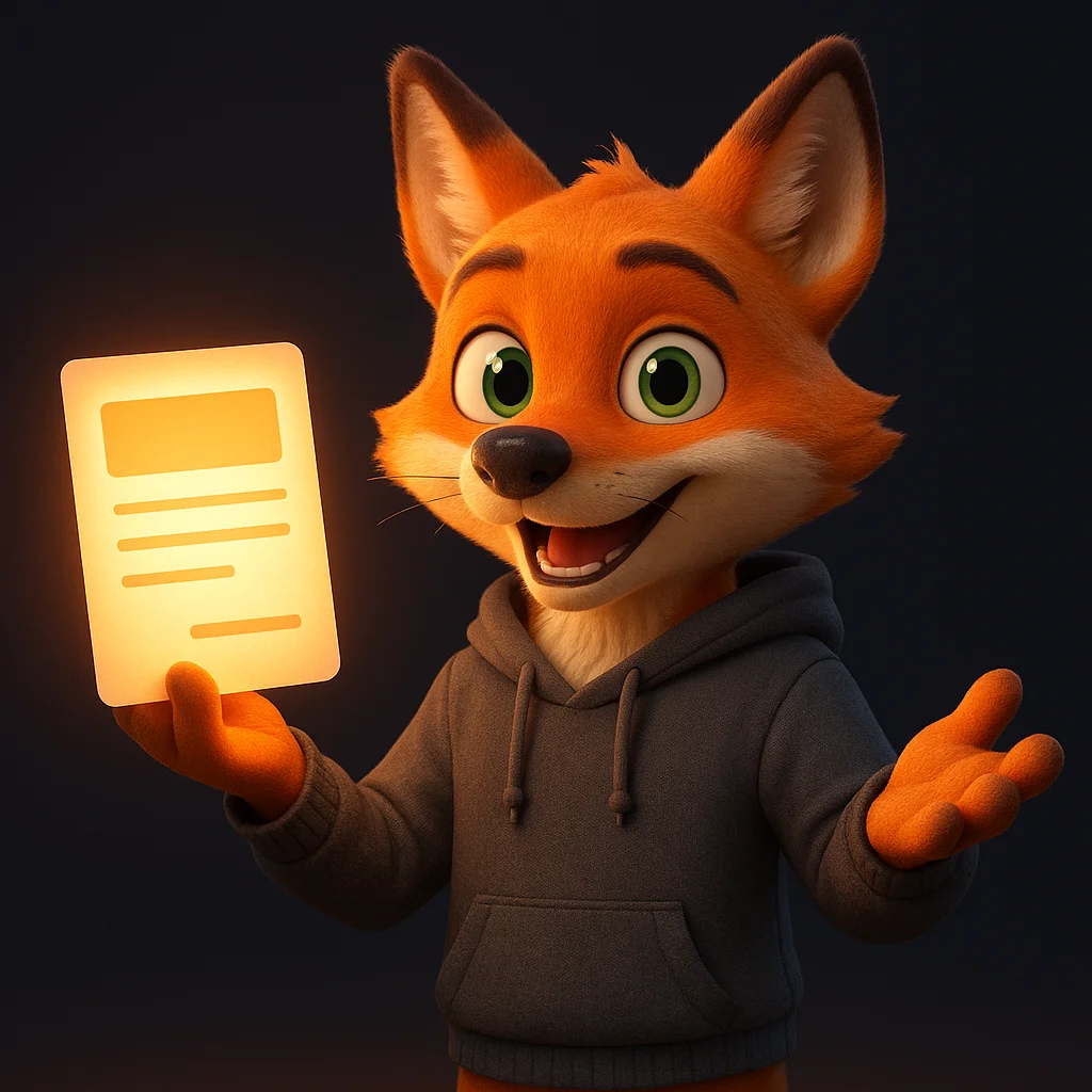 The FoxRadar fox mascot holding a glowing document and gesturing to emphasize a clear policy.