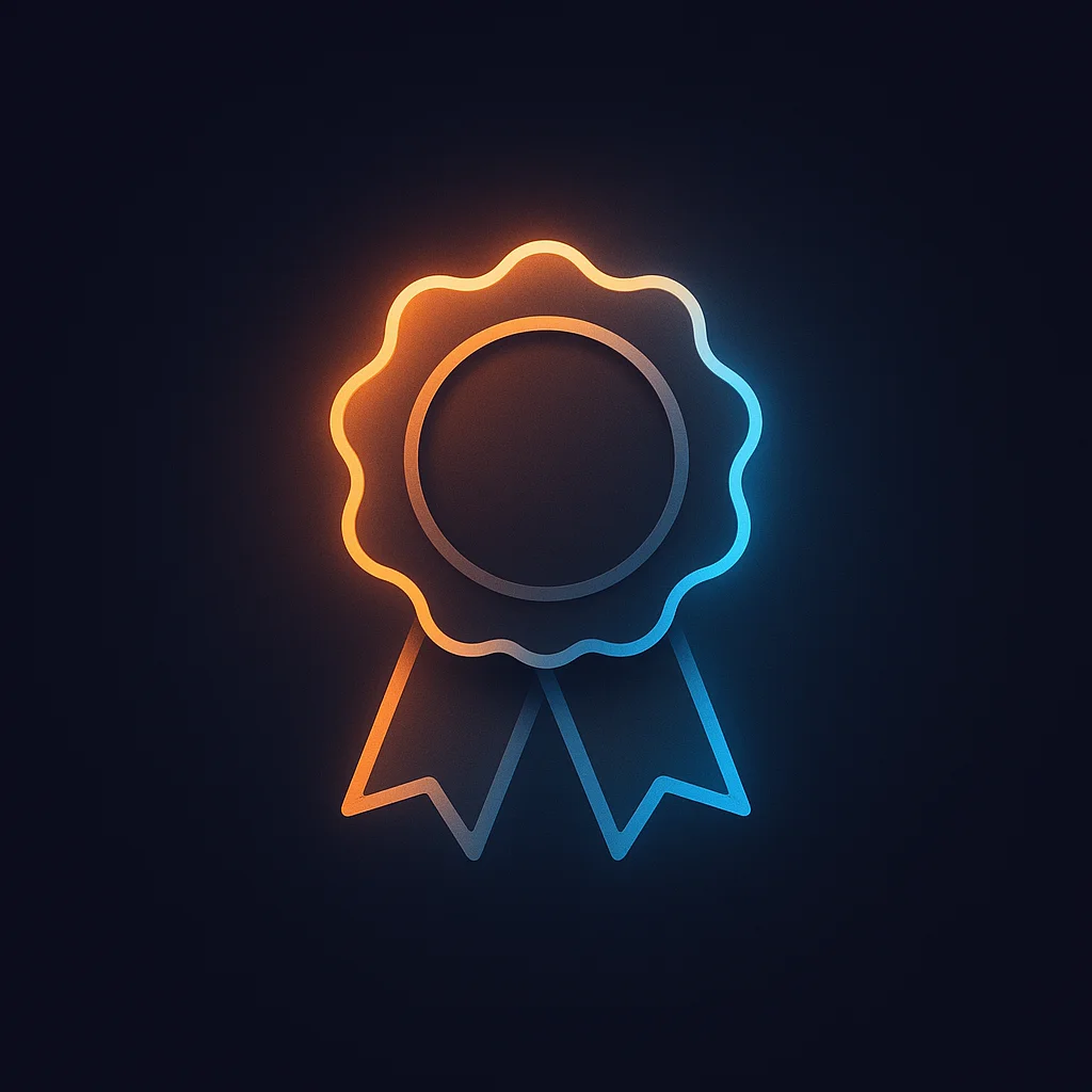 A clean concept illustration of a glowing certificate and badge icons on a dark background.