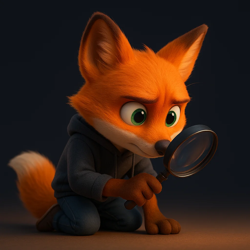 The FoxRadar fox mascot examining a detail closely with a magnifying glass.