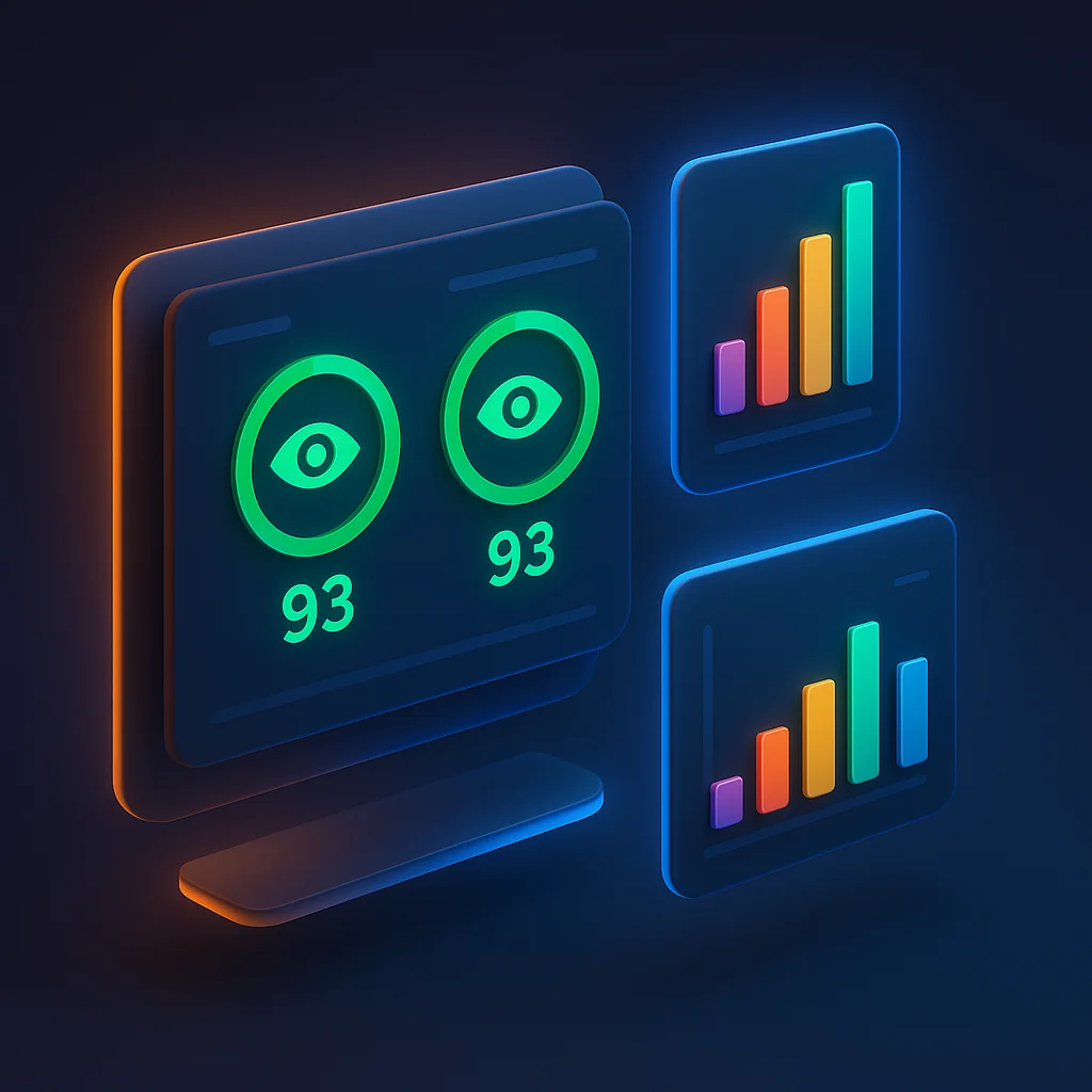 A clean concept illustration of a digital dashboard with visibility scores and charts on a dark background.