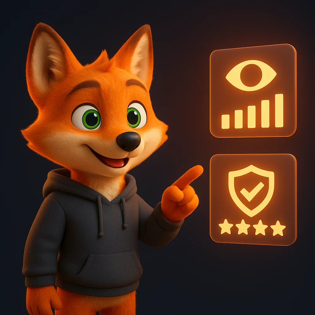 The FoxRadar fox mascot stands and points at floating data icons, showing how guarantees make a brand more visible.