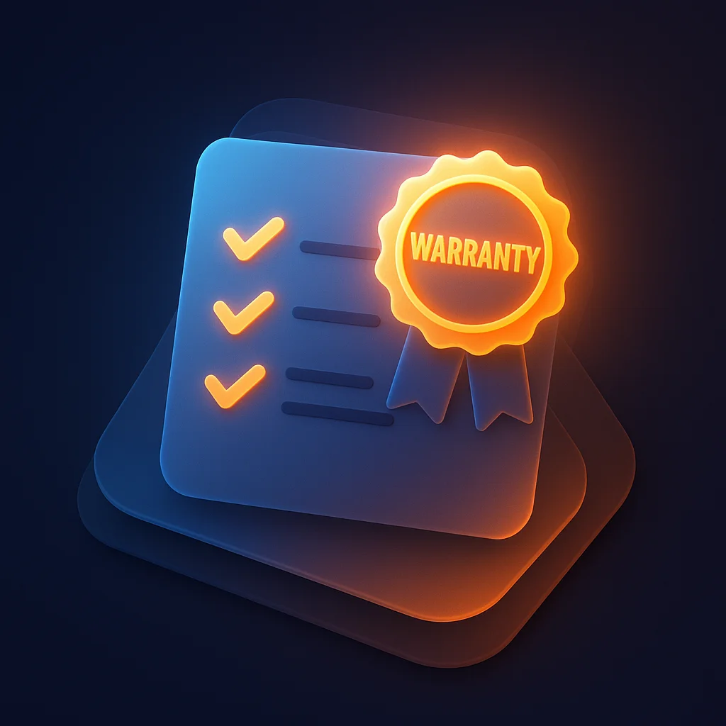 A glowing 3D warranty badge and certificate graphic on a dark background, no text.