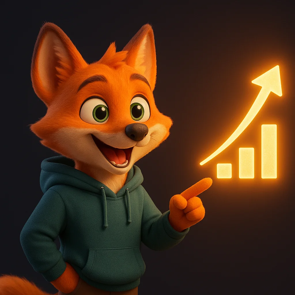 The FoxRadar fox mascot points at a rising chart, showing better visibility after adding a clear warranty page.