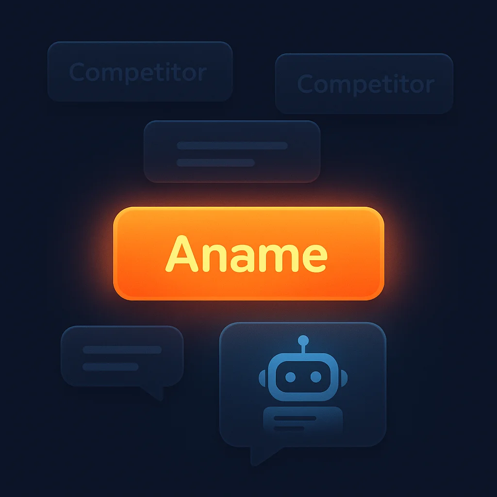 A clean 3D concept of a bright brand name above AI chat bubbles, glowing stronger than nearby competitors.