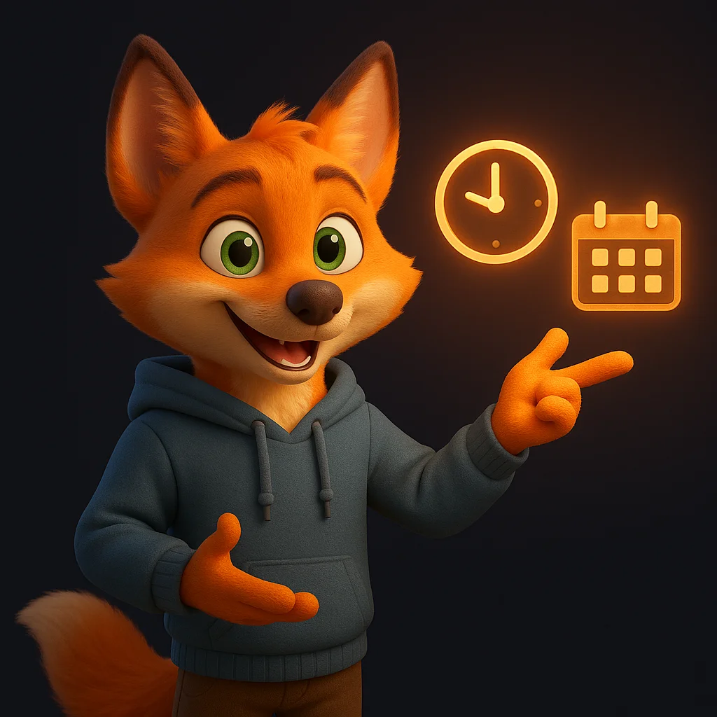 The FoxRadar fox mascot pointing at floating clock and calendar icons while explaining opening hours.