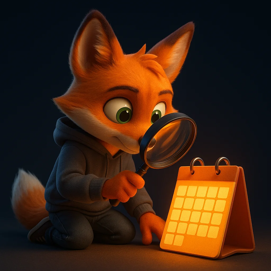 The FoxRadar fox mascot holding a magnifying glass and closely inspecting a glowing calendar.