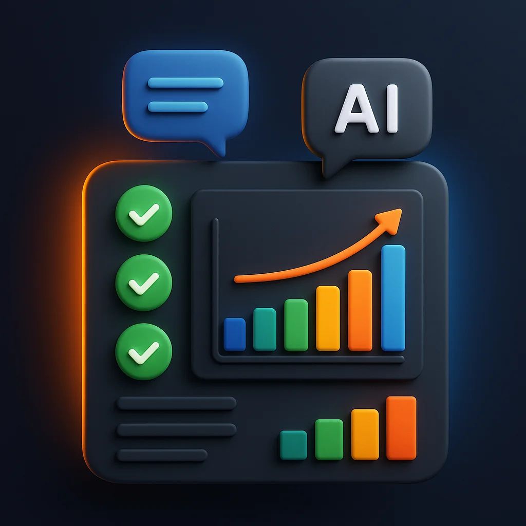 A dark, glowing concept illustration of a dashboard with visibility scores and before/after charts, no characters.