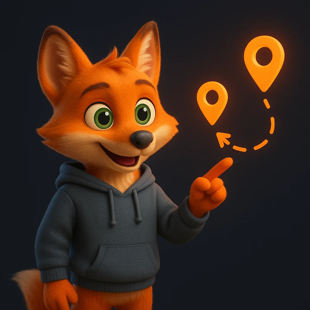 The FoxRadar fox mascot stands and points at floating map pins and arrows, explaining directions with a confident smile.
