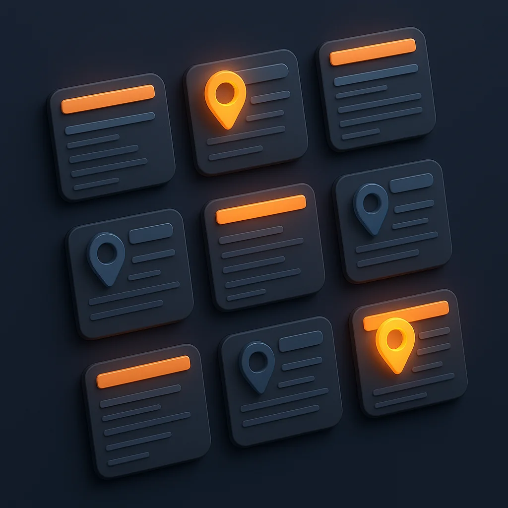 A clean 3D concept image showing glowing search result cards and map pins on a dark background.