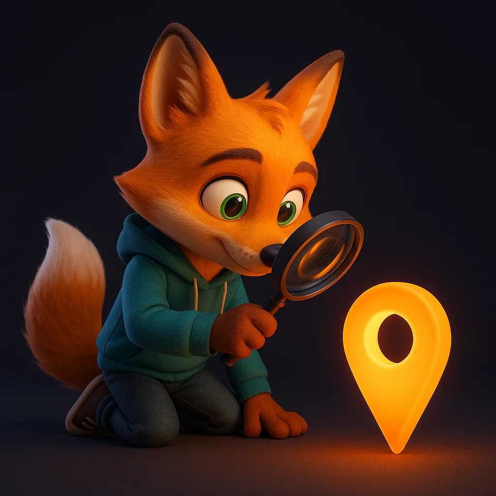 The FoxRadar fox mascot kneels and inspects a bright location pin with a magnifying glass, focused and thoughtful.