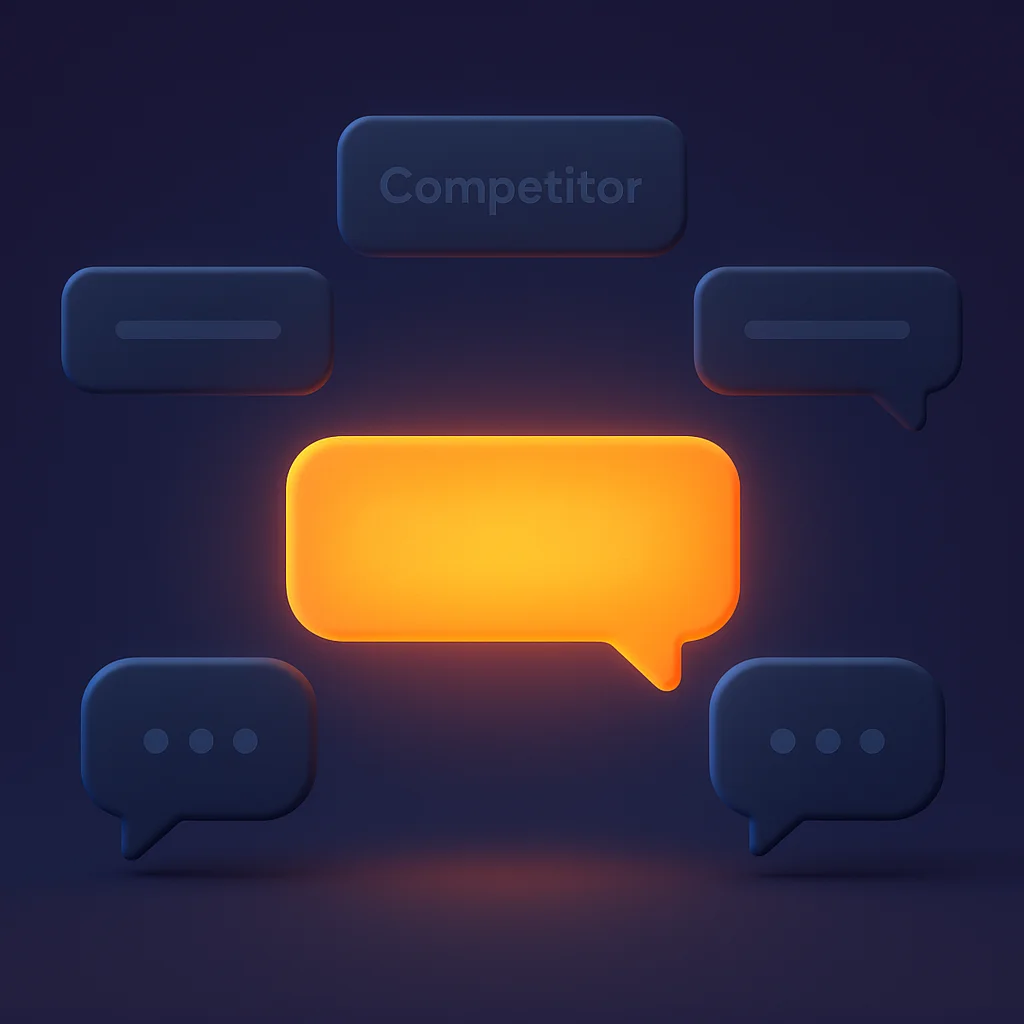A clean 3D concept image of a brand name glowing brighter than competitors above AI chat bubbles.