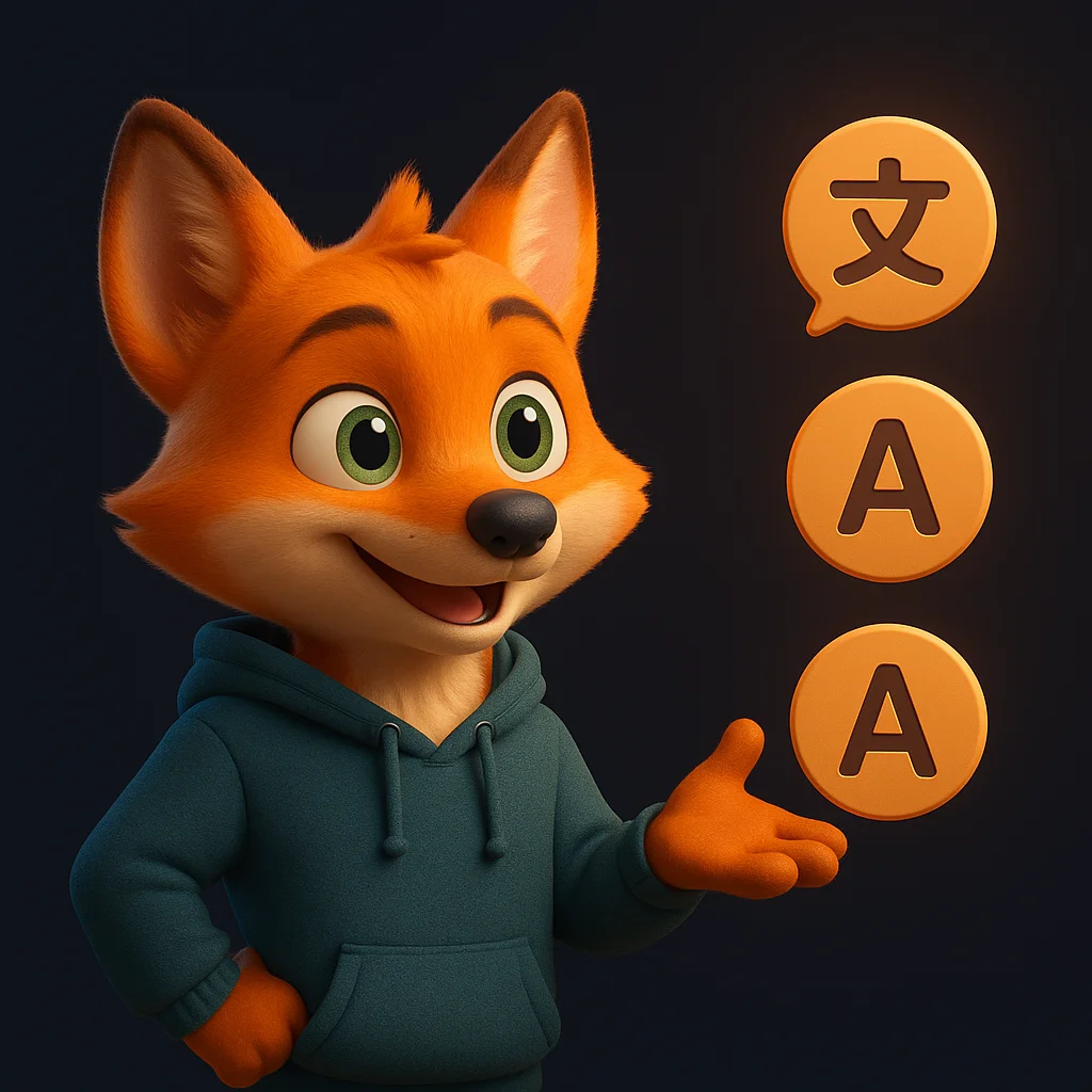 The FoxRadar fox mascot gestures while explaining, with floating simple data bubbles around to show language options.