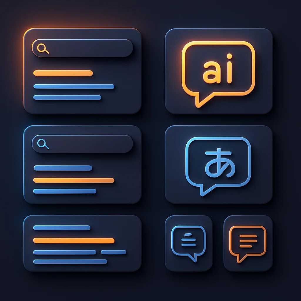 A clean concept illustration of glowing AI chat interface cards in different colors, suggesting multiple languages, on a dark background without text.