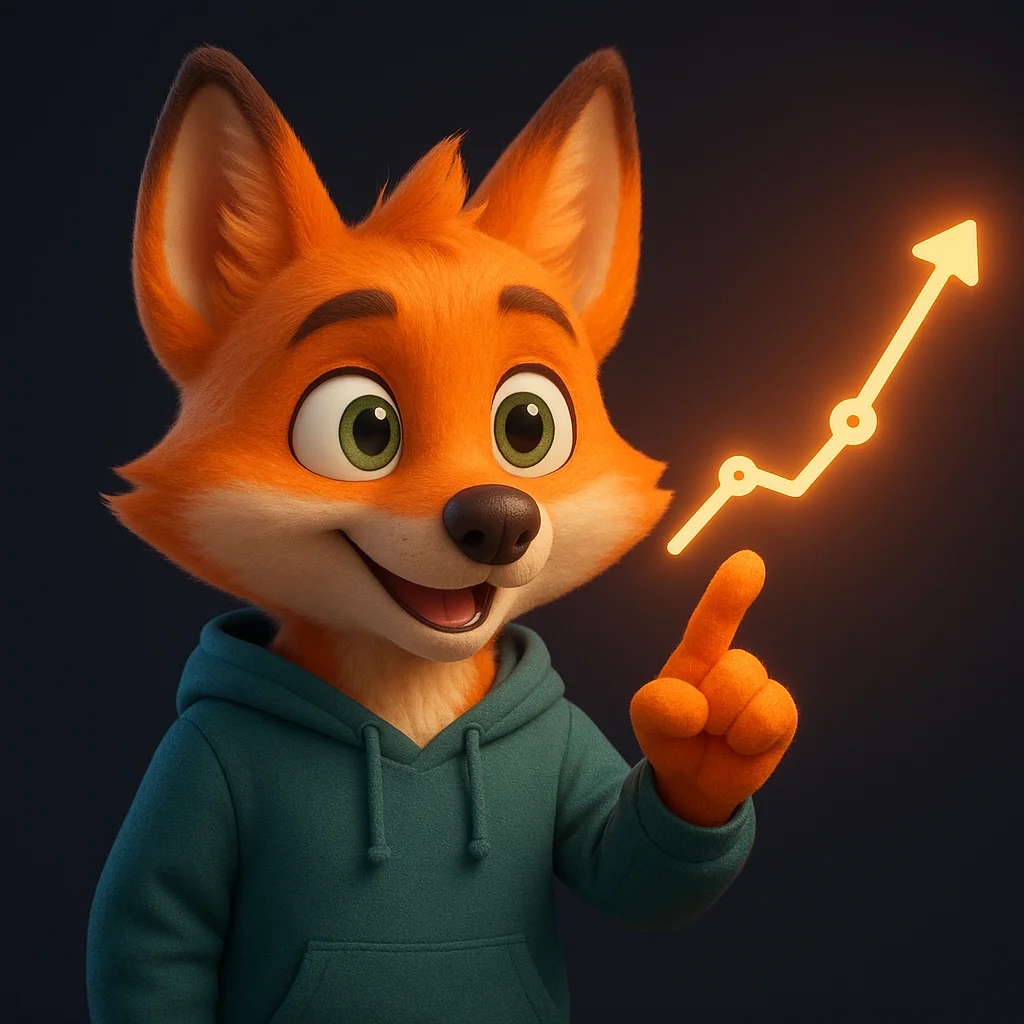 The FoxRadar fox mascot points at a rising glowing chart, showing improved visibility after adding a languages page.