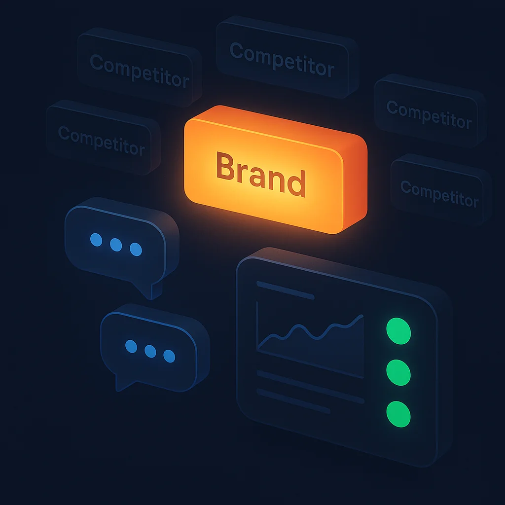 A clean concept illustration of a bright brand name glowing above dim competitor names inside abstract AI chat bubbles, on a dark background without text.