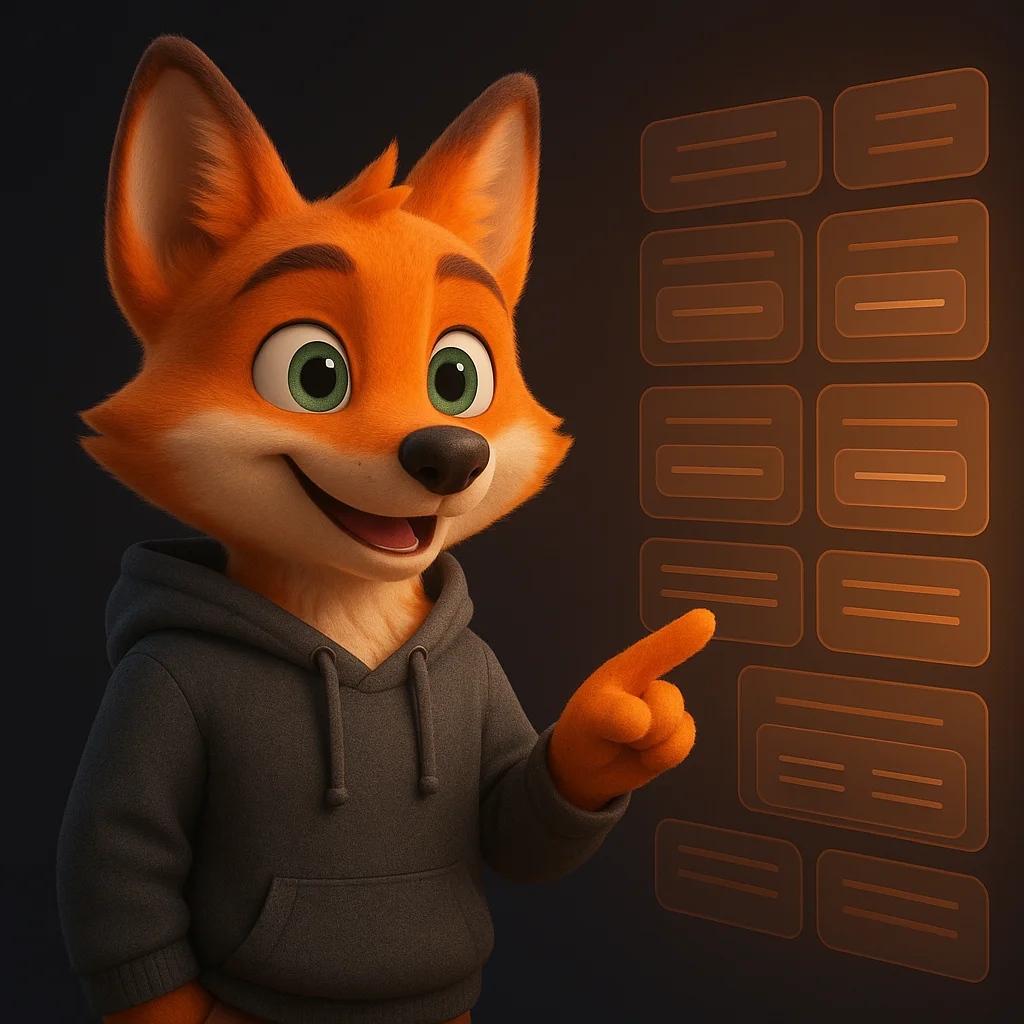The FoxRadar fox mascot stands and points at a floating list of license details with a confident smile.