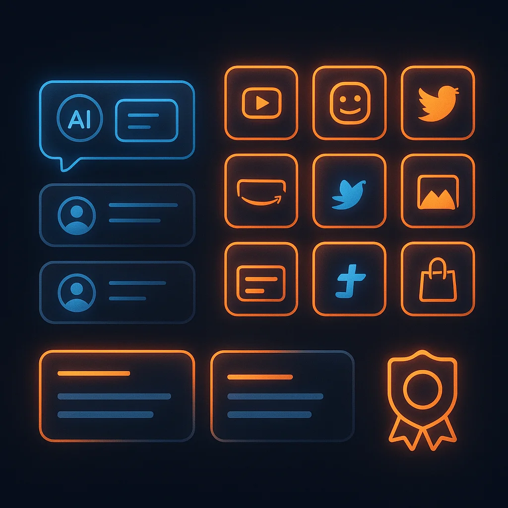 A clean 3D concept illustration of glowing certification badges and search result cards on a dark background.