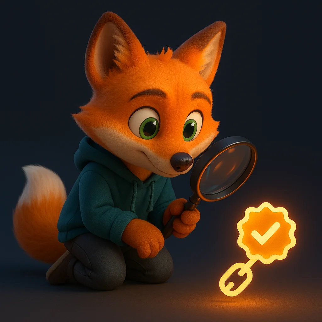 The FoxRadar fox mascot holds a magnifying glass and inspects a glowing verification link with focused eyes.