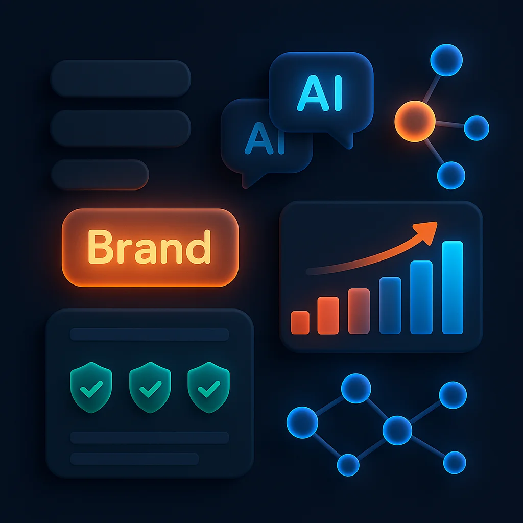 A clean 3D concept illustration of a dashboard with bright trust signals and visibility scores on a dark background.