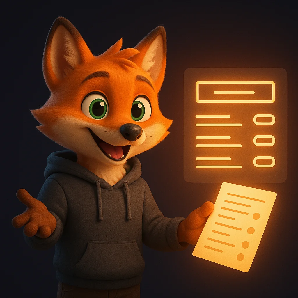 The FoxRadar fox mascot holding a glowing document and pointing to simple price lines, explaining a clear menu page.