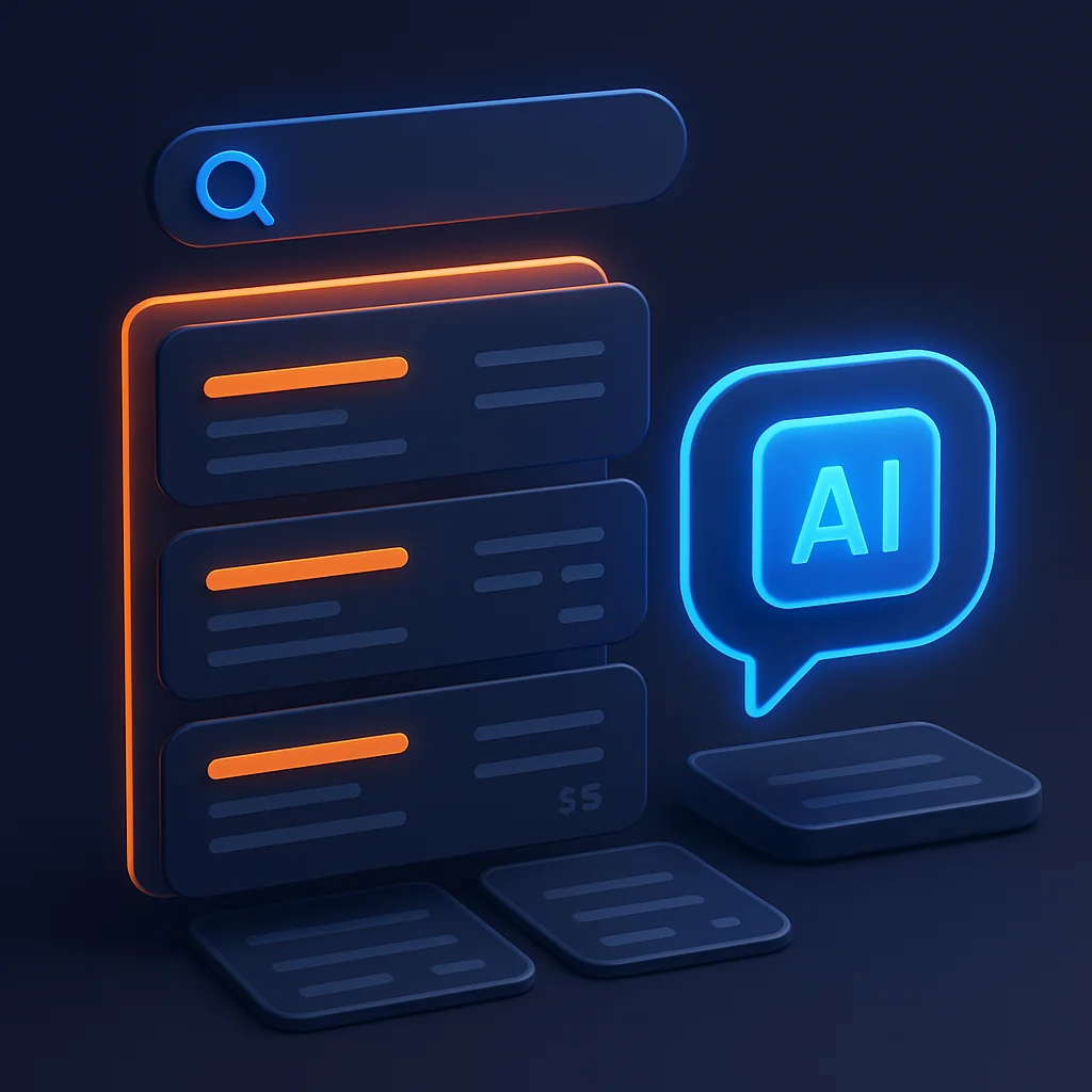 A clean concept illustration of floating dark interface cards showing abstract menu items and price tags, no fox.