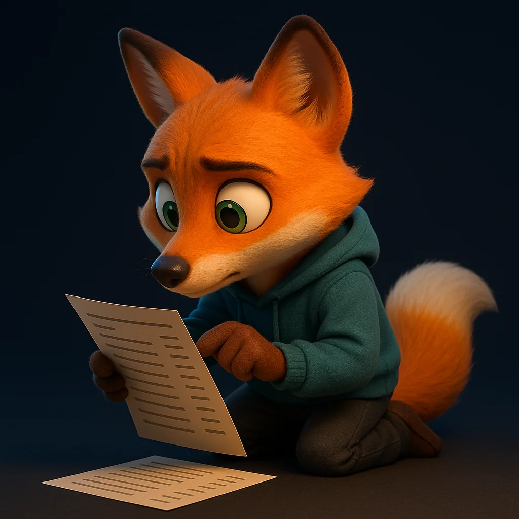 The FoxRadar fox mascot kneeling and inspecting a structured list closely, checking that prices match items.