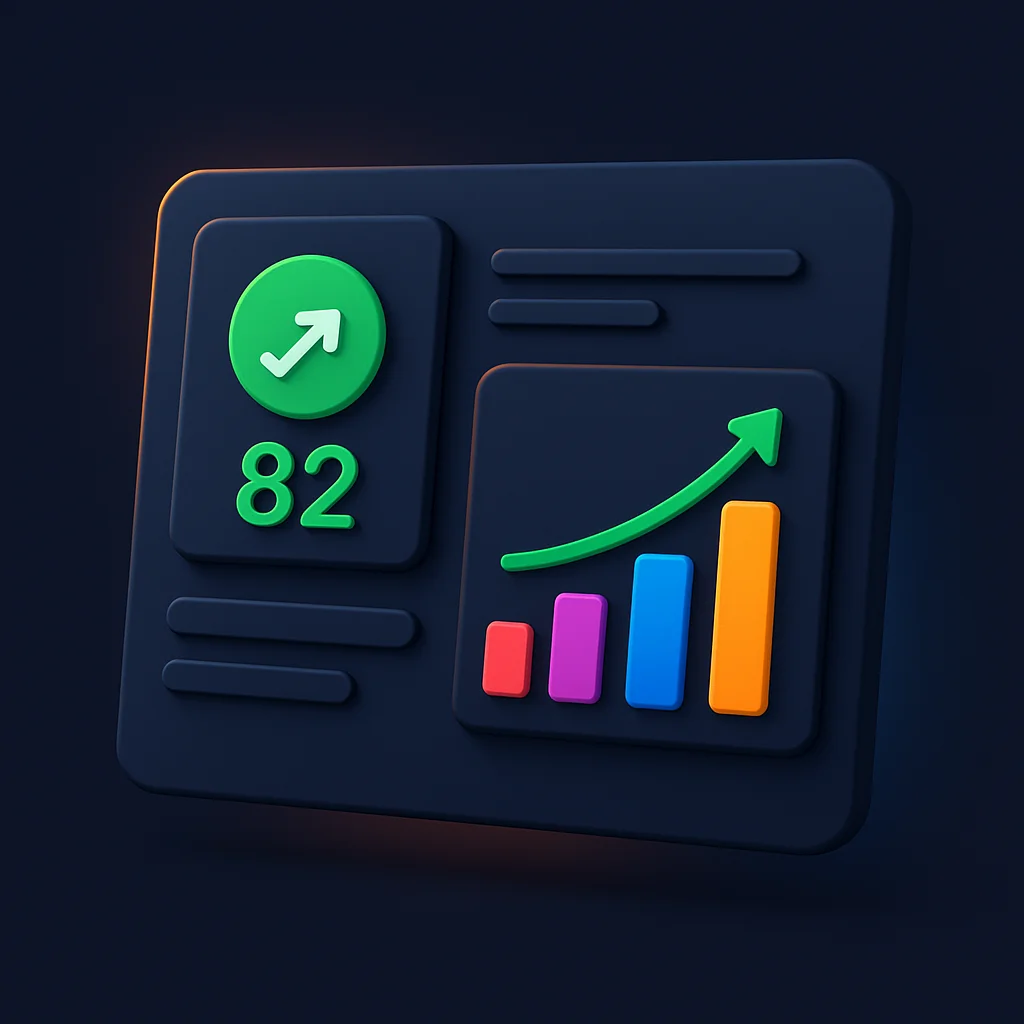 A concept illustration of a dark dashboard with bright green visibility scores and simple charts, no fox.