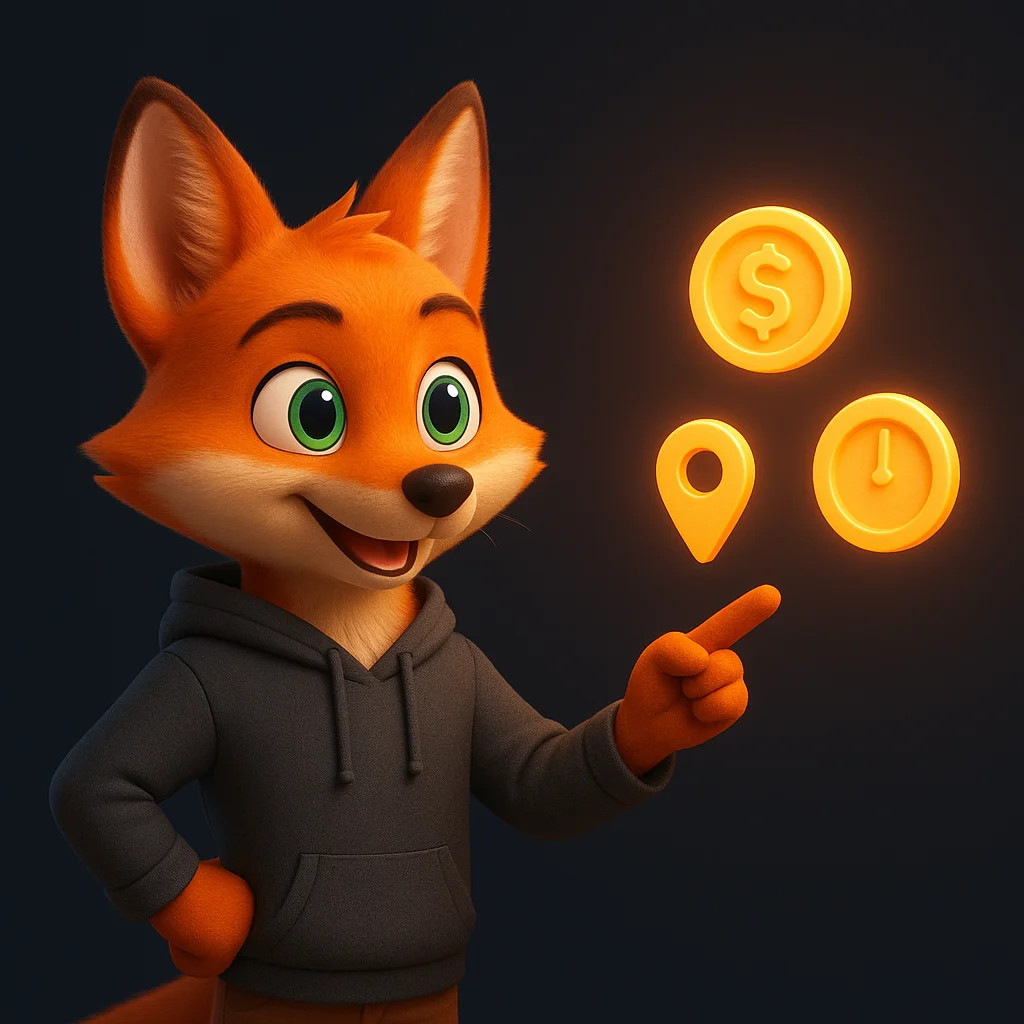 The FoxRadar fox mascot stands and points at floating data icons, explaining clear rules for minimums, travel fees, and surcharges.