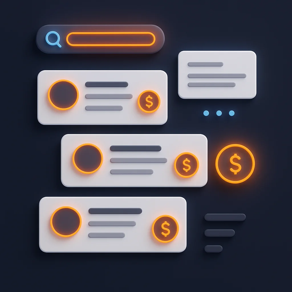Glowing search result cards and price badges in a dark concept illustration without any text or labels.