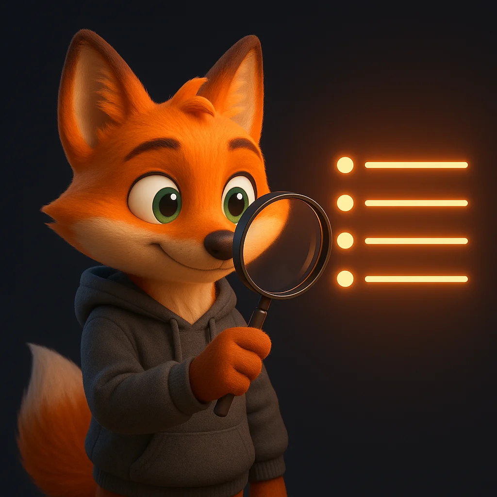 The FoxRadar fox mascot holds a magnifying glass and inspects a neat list, showing clean, structured info for AI.
