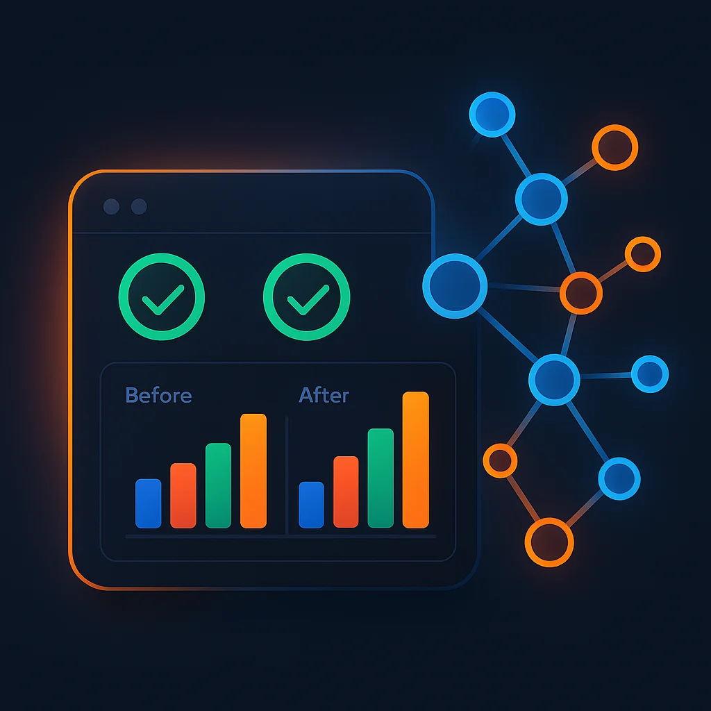 A clean dashboard-style concept illustration showing visibility scores and before/after bars without any text.