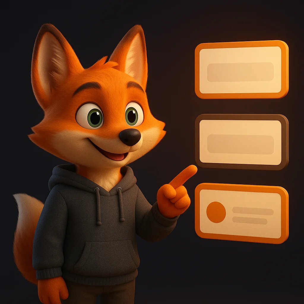 The FoxRadar fox mascot standing and pointing at floating cards that show different versions of a brand name.