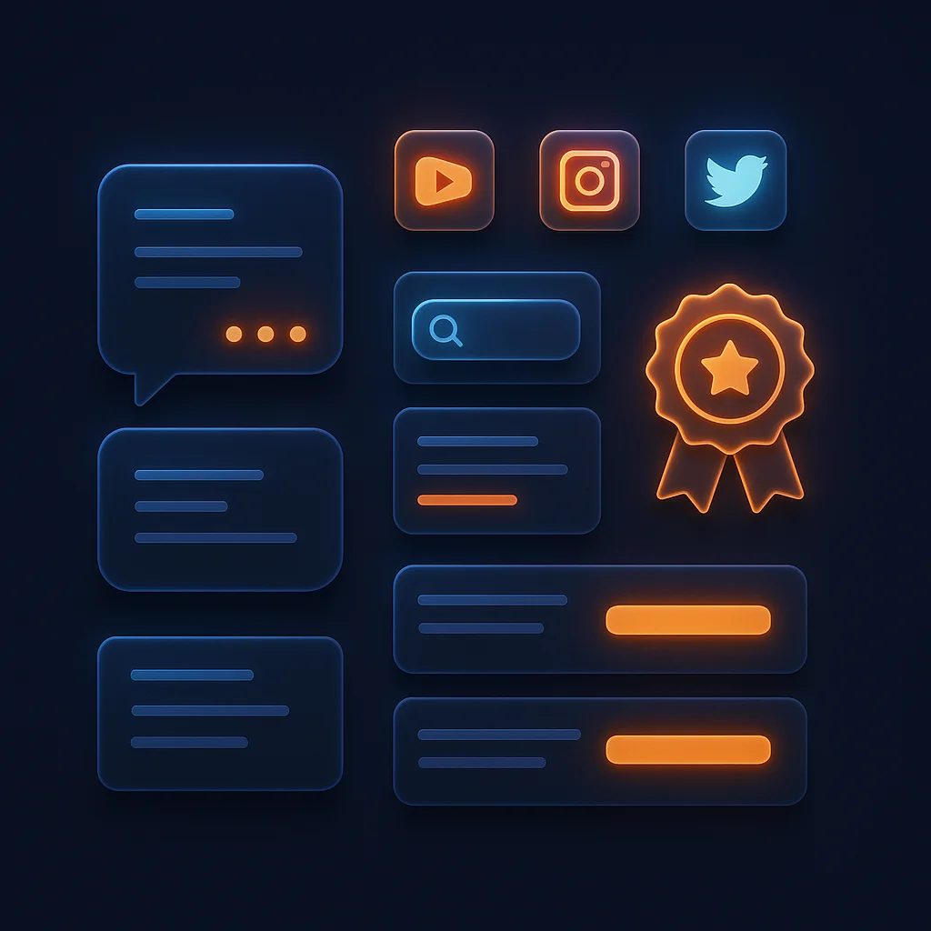 Concept illustration of glowing search result cards that connect brand names and aliases without any text.