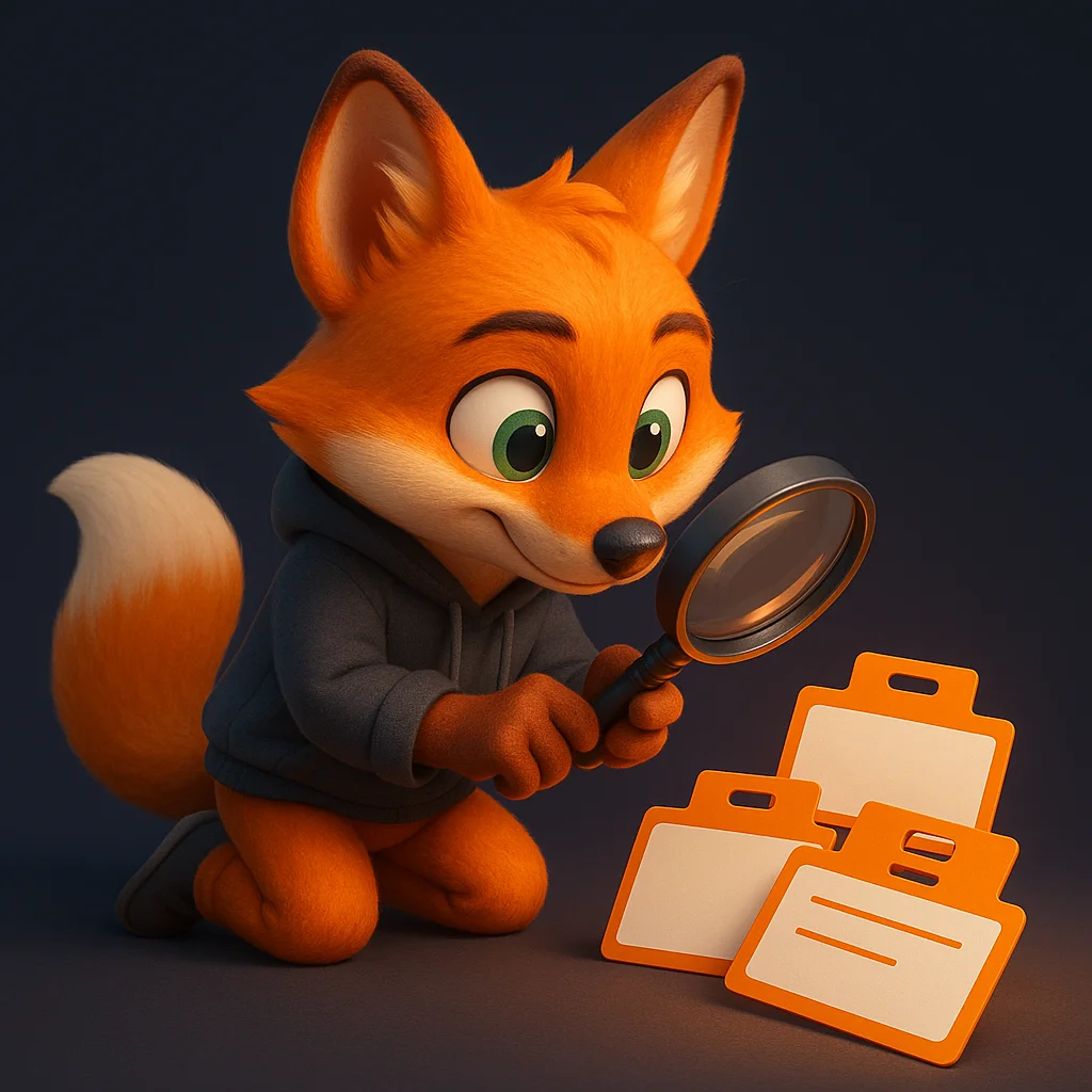 The FoxRadar fox mascot holding a magnifying glass over a list of brand name versions, inspecting closely.