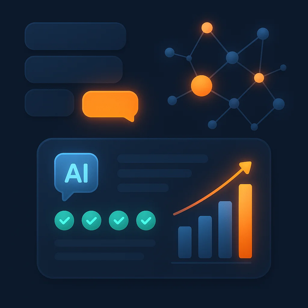 Concept illustration of a dark dashboard with glowing visibility scores and linked brand name variants, no text.