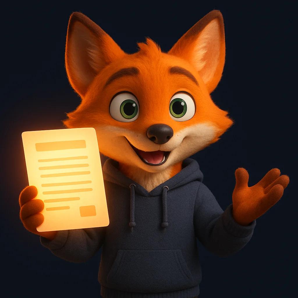 The FoxRadar fox mascot holding a glowing document and explaining payment options with a friendly, confident pose.