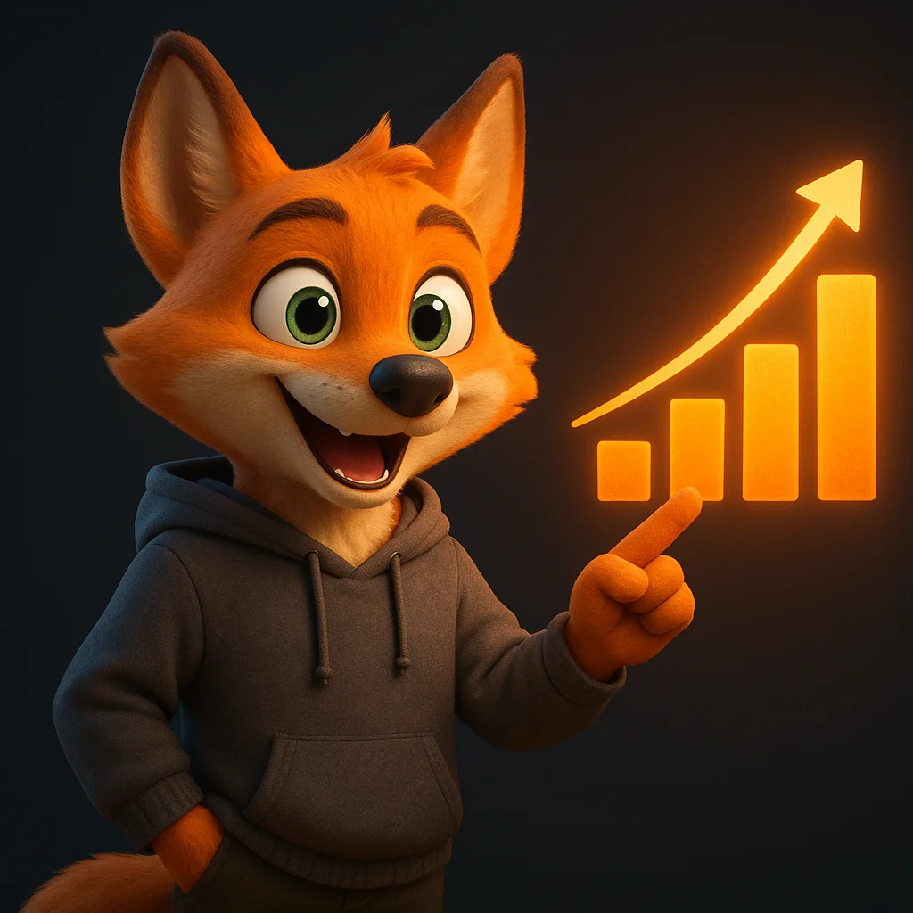 The FoxRadar fox mascot pointing at a rising chart, showing better visibility after adding a payment options page.