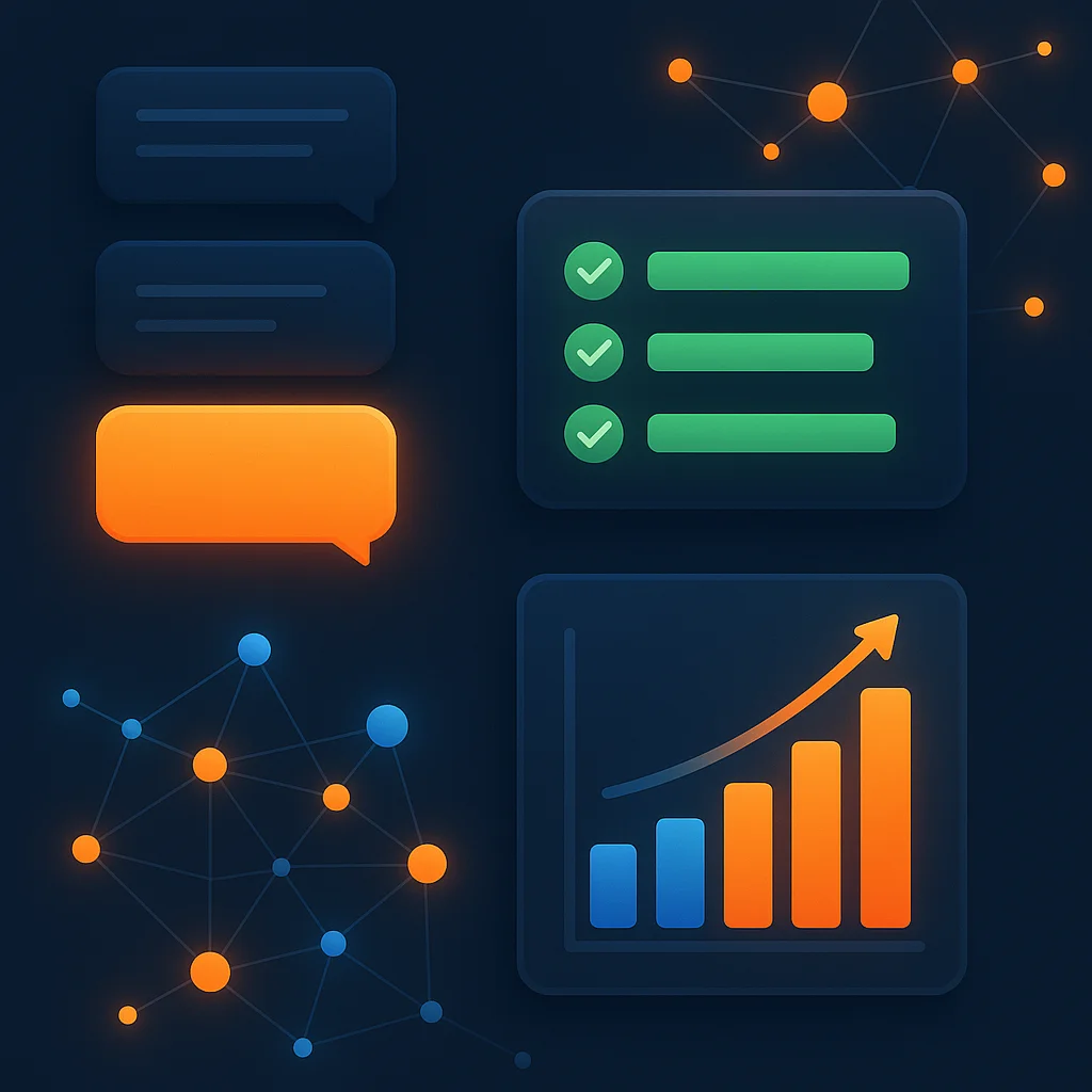 A clean 3D concept illustration of a dashboard with glowing gauges and charts that show improved AI visibility, no text.