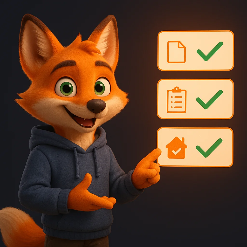 The FoxRadar fox mascot standing and pointing at a floating checklist of permits and steps.