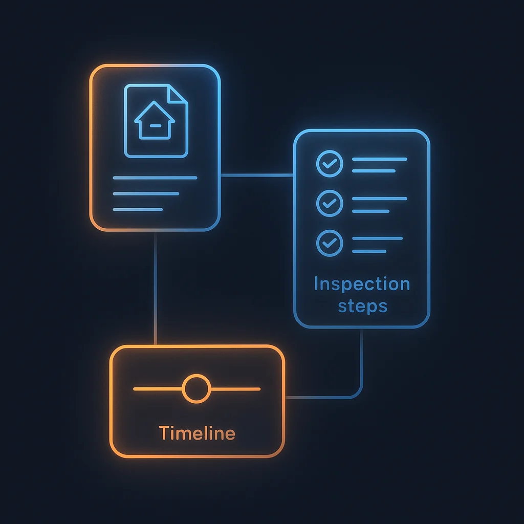 A clean concept illustration of glowing permit and inspection cards connected by lines on a dark background.