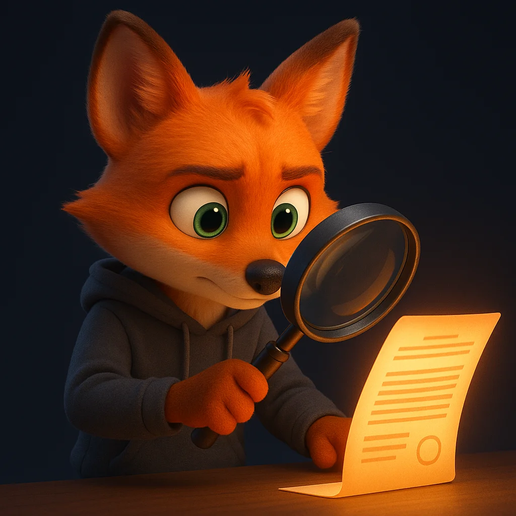 The FoxRadar fox mascot holding a magnifying glass and inspecting a glowing permit document closely.