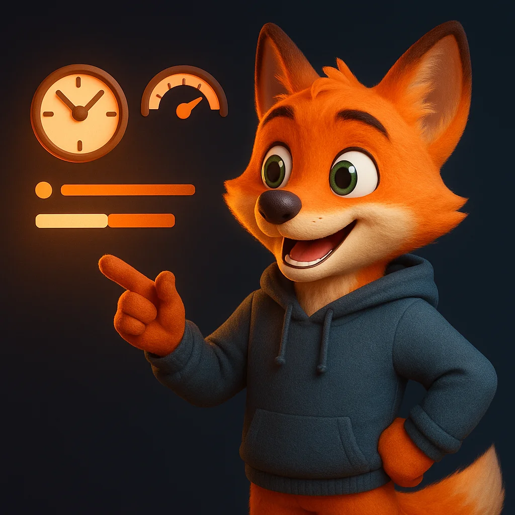 The FoxRadar fox mascot pointing at floating clock and speed icons, showing the idea of fast response and clear timelines.