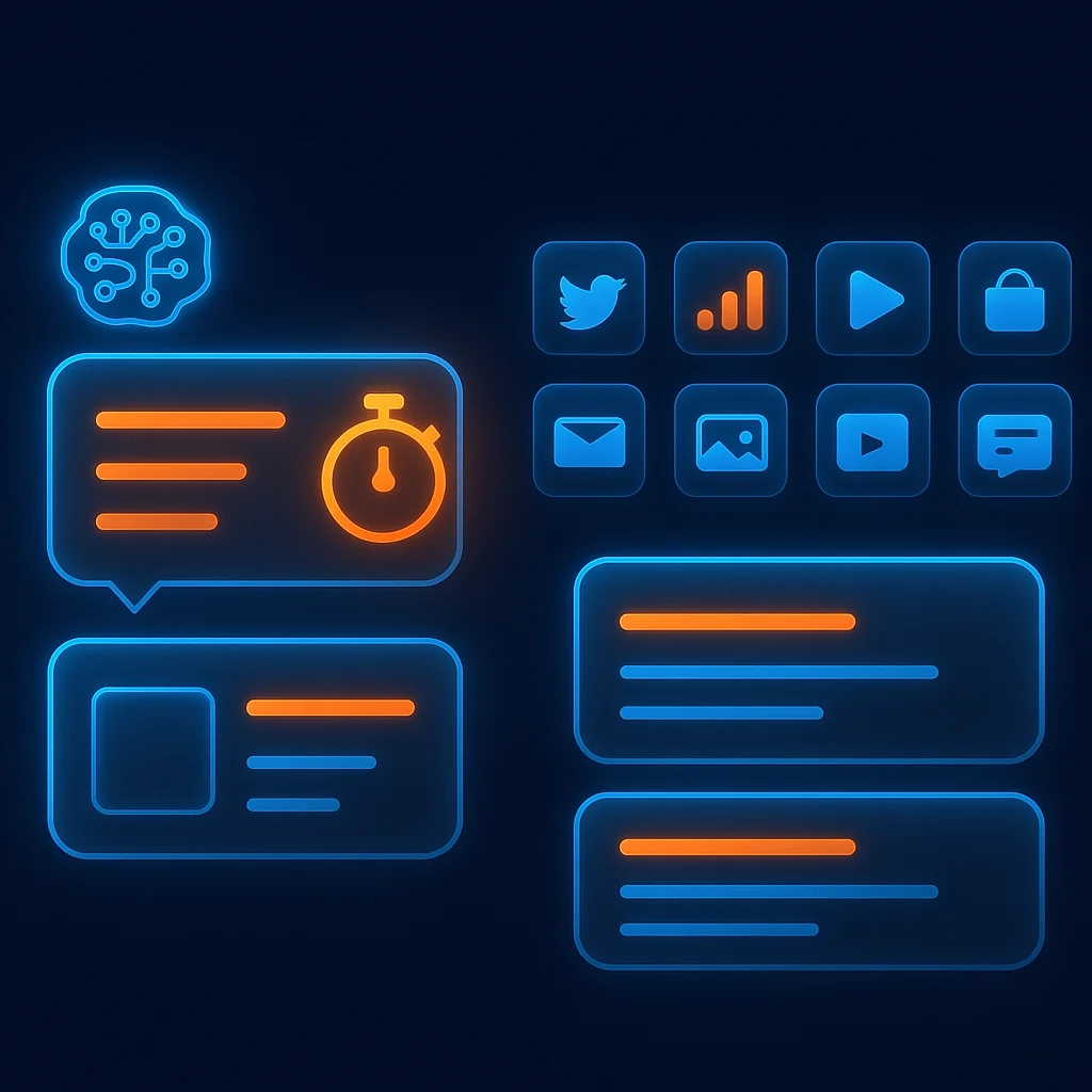 A clean concept illustration of glowing AI chat result cards with time badges and progress bars on a dark background.
