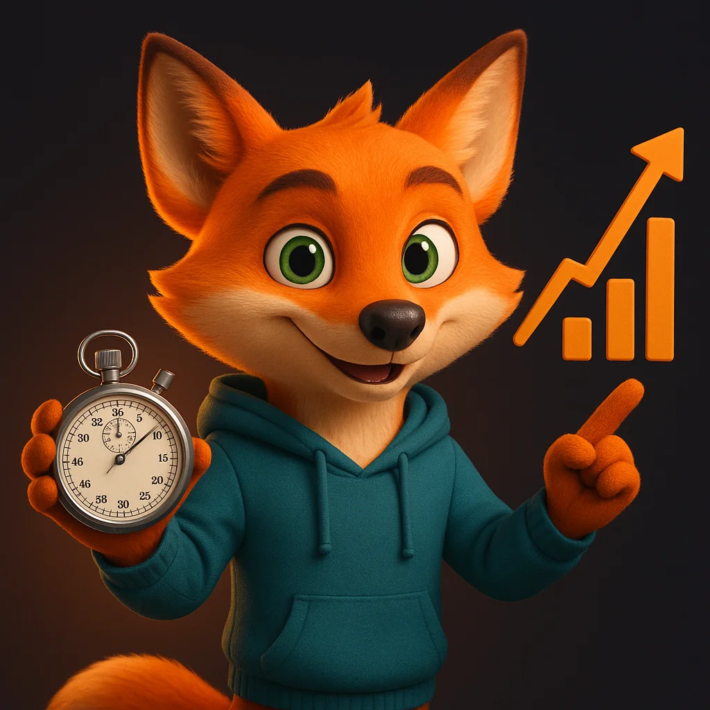 The FoxRadar fox mascot holding a stopwatch and pointing at an upward trend chart, showing improved visibility after posting timelines.